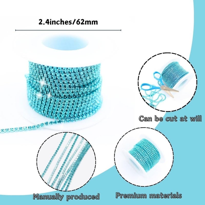 PEARLY JUN 10 Yards Blue Rhinestone Chain Aquamarine Rhinestone Trim Crystal Artificial Stone Trim Cup Chain SS6 2mm Color Plated Cup Stitch Costume Decoration - Image 3